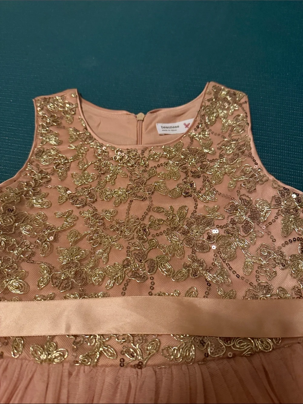 Girls Peach Sequin Tulle Party Dress 5T